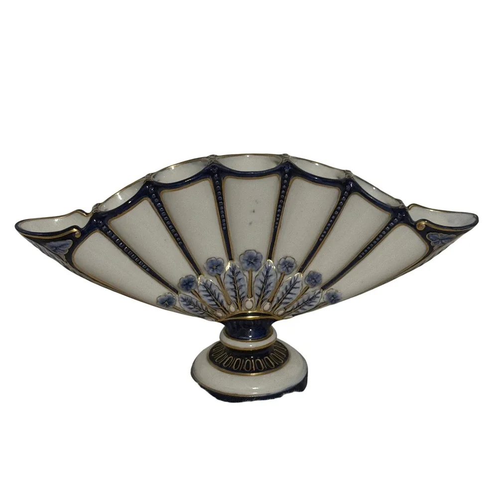 Antique Royal Worcester Fan Vase Cobalt Blue Gold Gilt Floral Porcelain